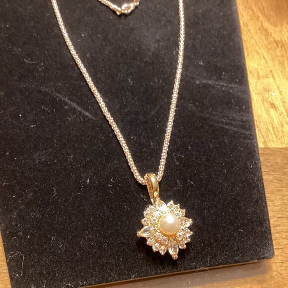 Bright and Shiny Popcorn Link Necklace with CZ’s and Faux Pearl - Picture 1 of 7